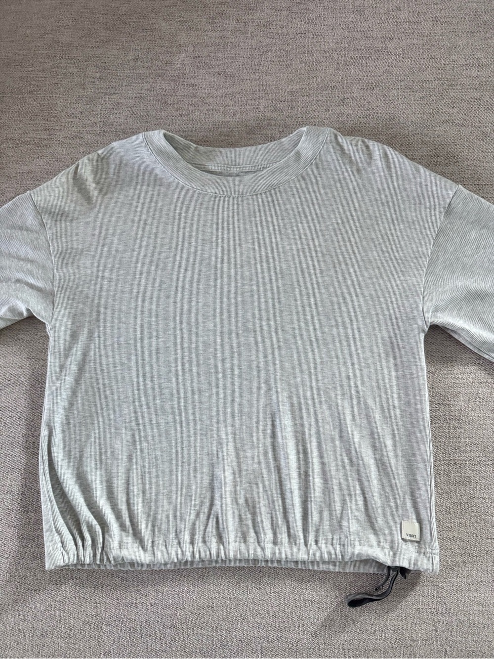 VUORI Light Heather Gray Ribbed Pullover Crew with Drawcord Hem Wide Sleeves